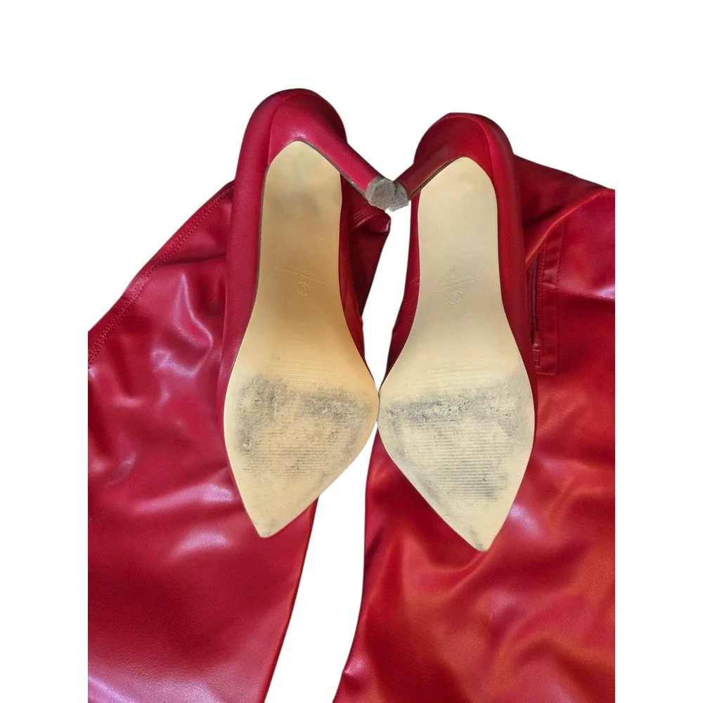 Fashion Nova Red Faux Leather Thigh High Stiletto Boots Pointed Toe Womens Sz 9